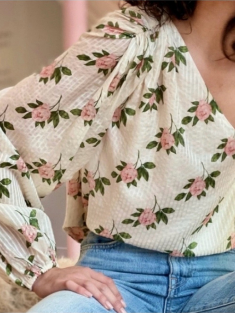 Cami NYC Cream Floral V-Neck Blouse with Pink Roses, Size S